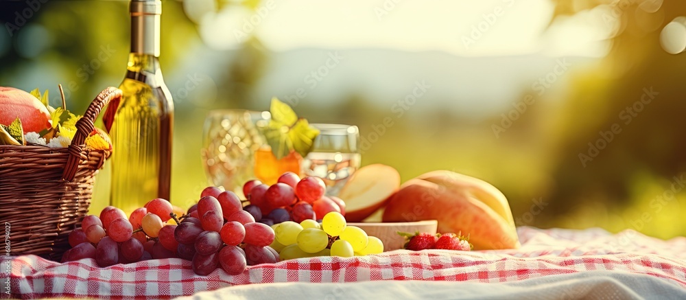 Poster outdoor picnic with tasty food and wine on a summer day copy space image place for adding text or de