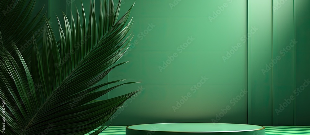 Leinwandbilder green abstract background with palm leaf shadow for cosmetic product presentation geometric backdrop
