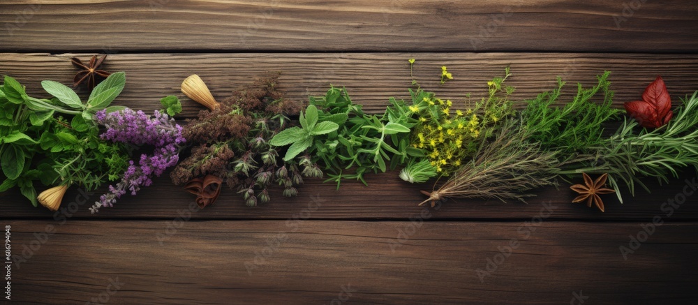 Poster medicinal herbs on wood copy space image place for adding text or design