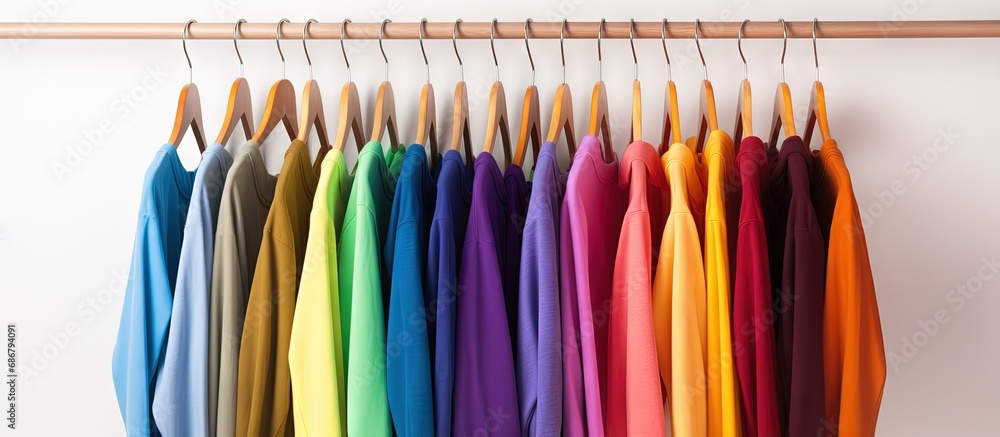 Poster Rainbow colors Assorted casual shirts on wooden hangers isolated on white Copy space image Place for adding text or design
