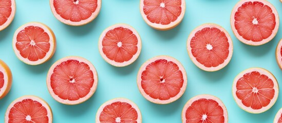 Grapefruit flat lay with pink flesh on turquoise background in pop art style Copy space image Place...