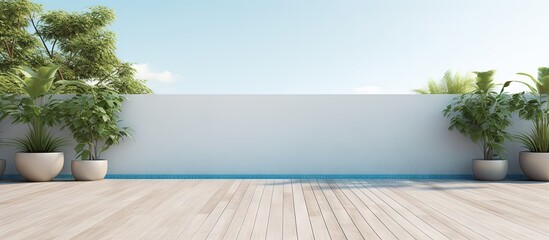 Minimalistic swimming pool terrace with open wall surrounded by nature Copy space image Place for adding text or design - obrazy, fototapety, plakaty