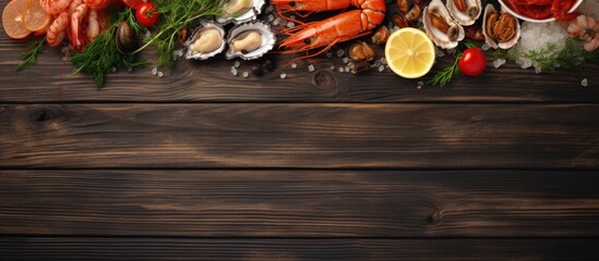 Luxurious seafood plate with fresh shrimps oysters mussels langoustines octopus lemon herbs on wooden boards Copy space image Place for adding text or design - obrazy, fototapety, plakaty
