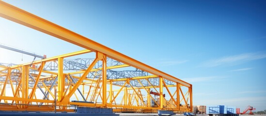 Installing a steel roof truss frame using a mobile crane indoors beneath a blue sky in a factory during construction Copy space image Place for adding text or design