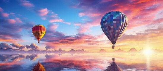 Obraz premium Glowing sunset sky above calm sea with two colorful hot air balloons Copy space image Place for adding text or design