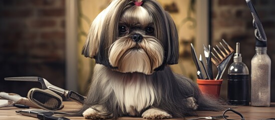 Groomer at salon grooming shih tzu dog Copy space image Place for adding text or design