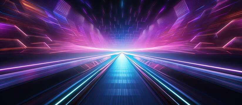 Retro themed 3D illustration of a futuristic car driving in abstract neon space Copy space image Place for adding text or design