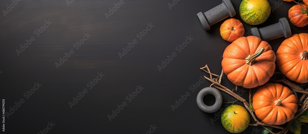 Aufkleber Halloween fitness concept with a healthy lifestyle background Top view with space for text Copy space image Place for adding text or design