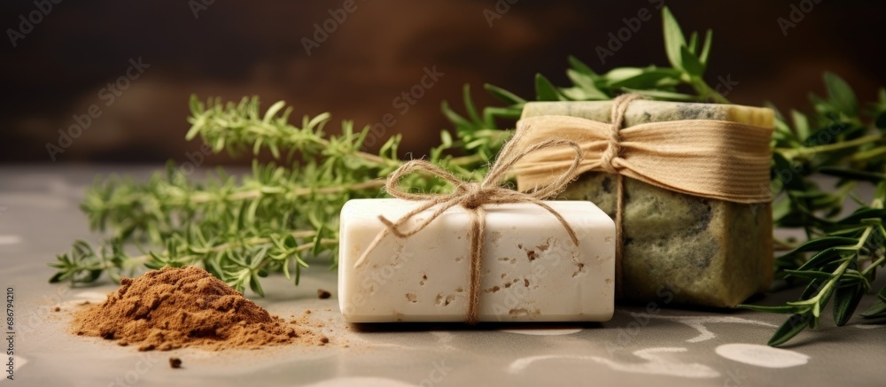 Aufkleber Handmade herbal soap with unique packaging and background in close up Copy space image Place for adding text or design