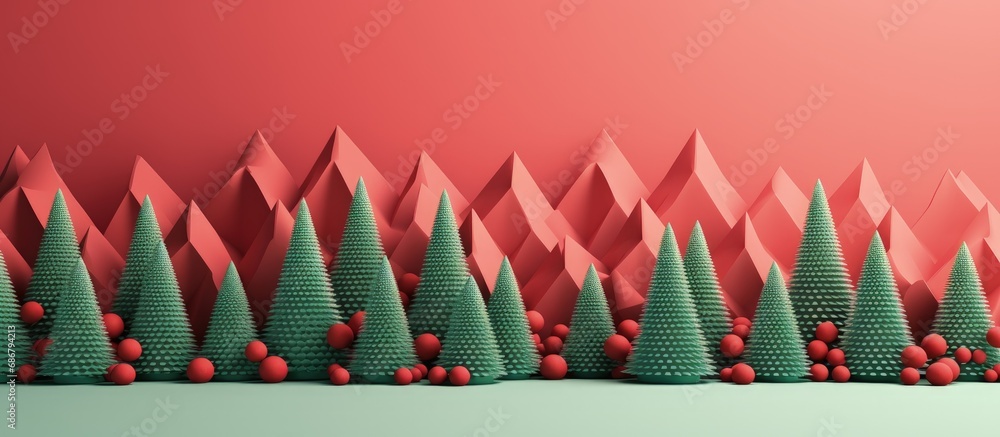 Aufkleber Minimal pattern of green Christmas trees on pastel red background New Year idea Copy space image Place for adding text or design