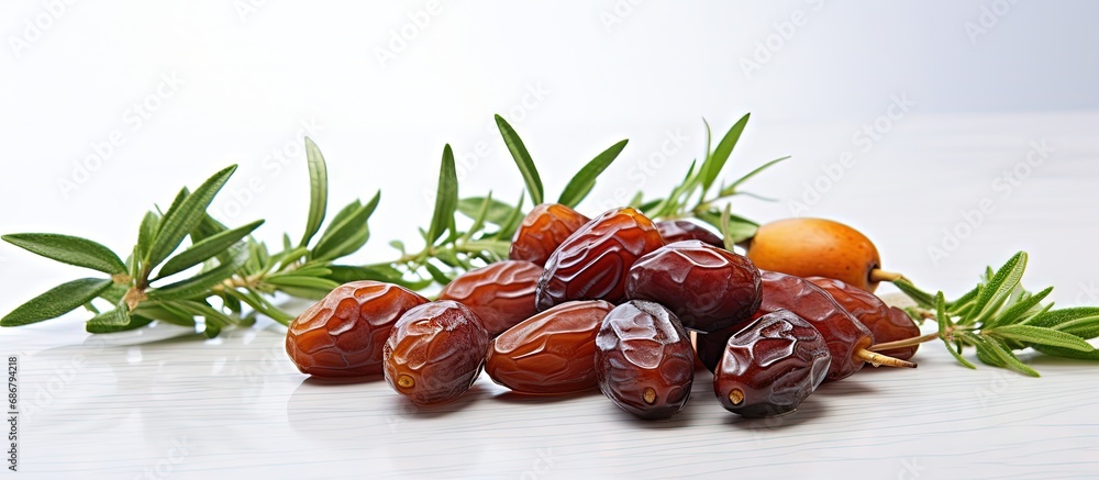 Poster Ramadan symbolized by dates fruit with olive leaves on white background Copy space image Place for adding text or design