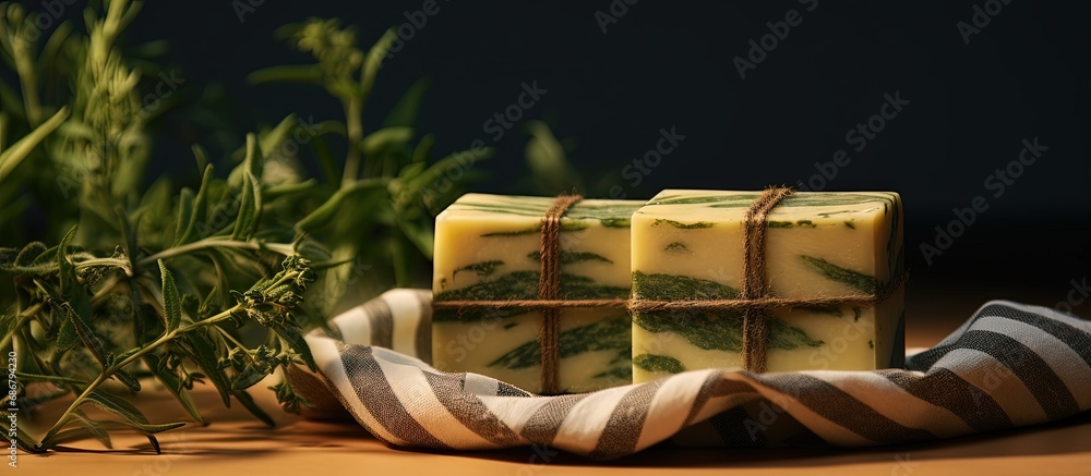 Aufkleber Handmade herbal soap with unique packaging and background in close up Copy space image Place for adding text or design