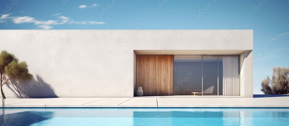 Poster Minimal house with swimming pool depicted in 3D rendering illustration of architecture Copy space image Place for adding text or design