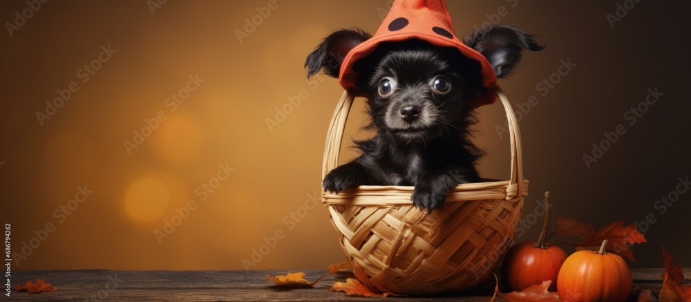 Poster halloween themed dog portrait with a basket copy space image place for adding text or design