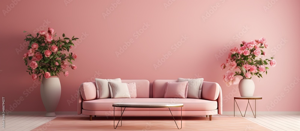 Poster Pink walled living room adorned with lovely flowers and sofas 3D image Copy space image Place for adding text or design