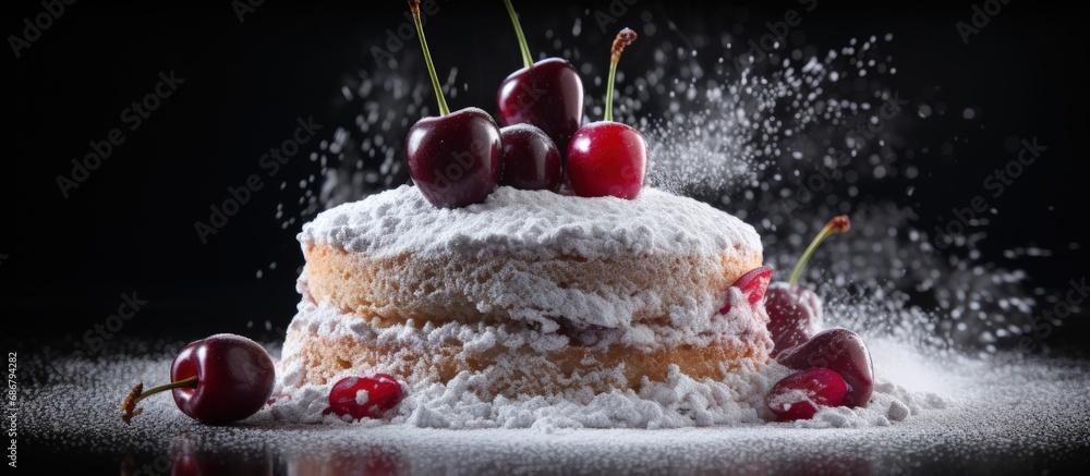 Poster Homemade cooking with cherry on dark sponge cake decorated with powdered sugar Copy space image Place for adding text or design