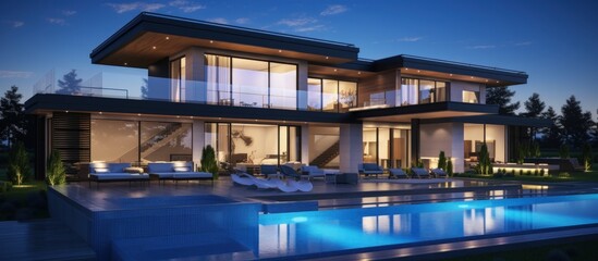 Luxury house exterior at night Copy space image Place for adding text or design