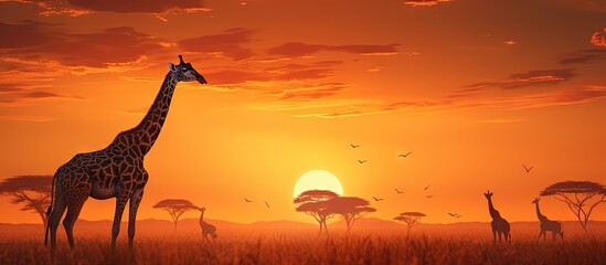 Safari travel concept Moody African savanna sunset giraffe herd Copy space image Place for adding...