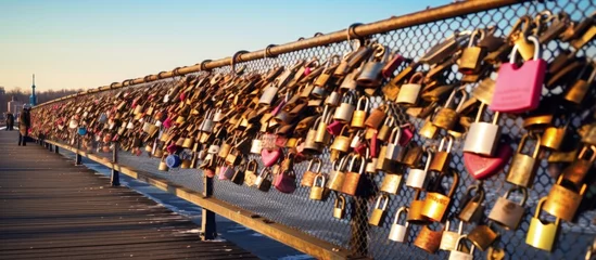Foto auf Alu-Dibond Ideal for Valentine s Day and romantic designs this photo portrays numerous love locks symbolizing eternal love on a bridge Copy space image Place for adding text or design © HN Works