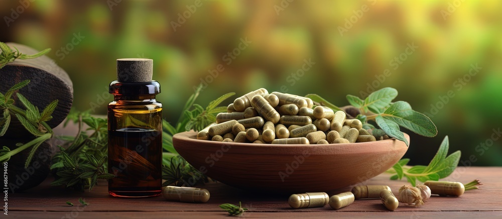 Poster Herbal remedies in various forms for health and wellness Copy space image Place for adding text or design