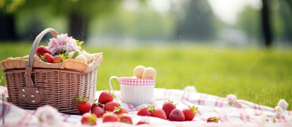 Poster mini basket of strawberries on a white blanket with dessert snack for spring picnic surrounded by ch