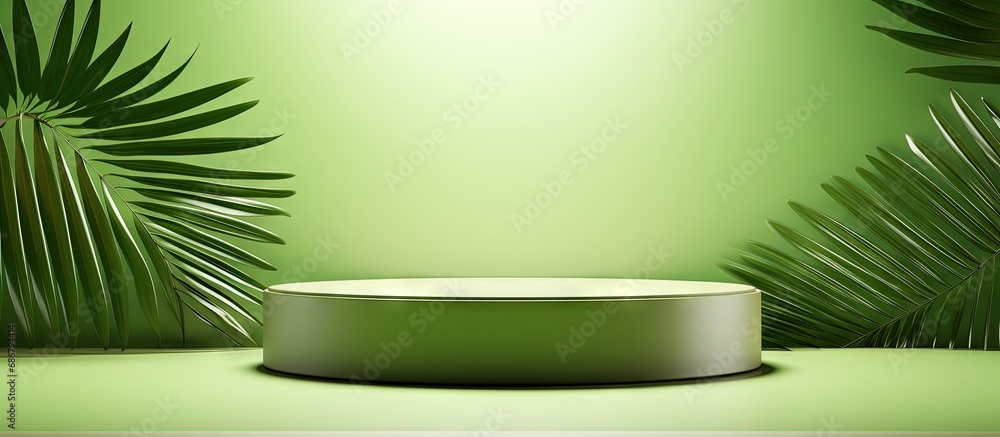 Fototapete green abstract background with palm leaf shadow for cosmetic product presentation geometric backdrop