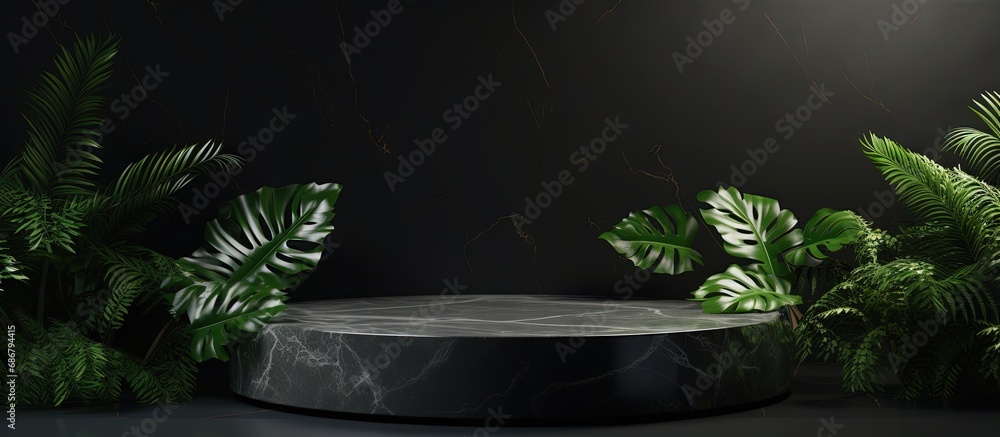 Poster luxurious marble podium with forest green leaves on dark background for promotion or presentation bl
