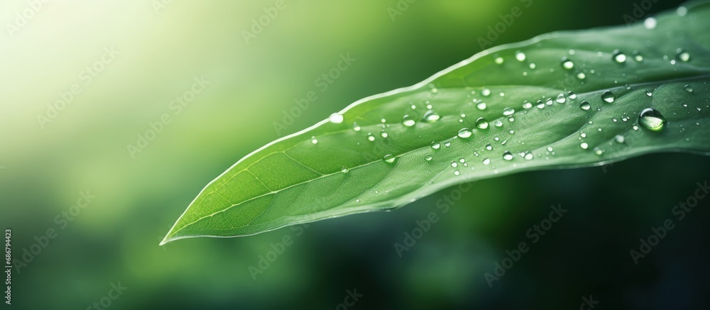 Poster raindrops on leaf in nature close up copy space image place for adding text or design