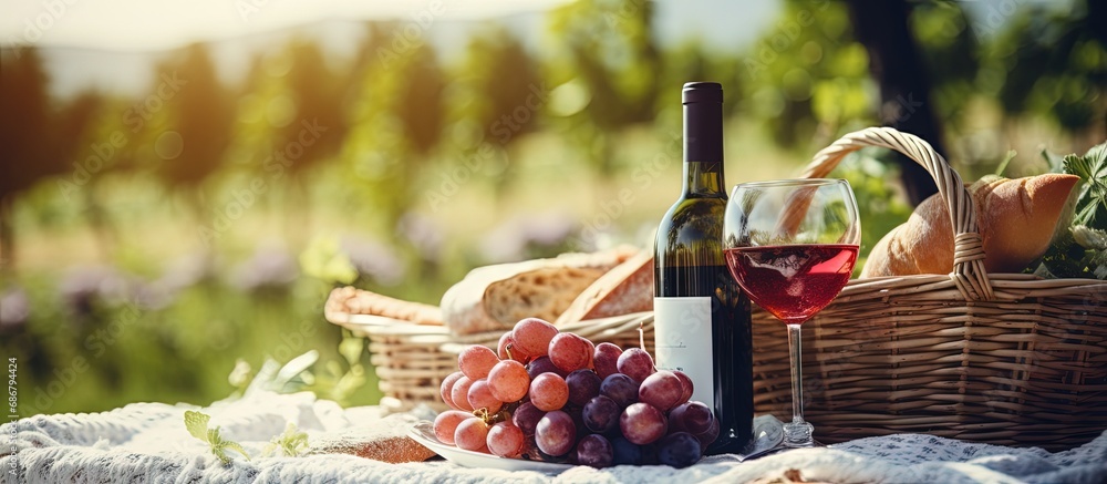 Poster outdoor picnic with tasty food and wine on a summer day copy space image place for adding text or de