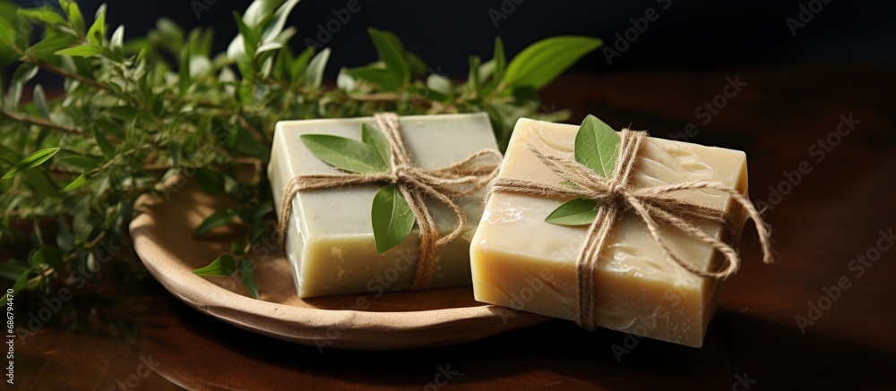 Aufkleber Handmade herbal soap with unique packaging and background in close up Copy space image Place for adding text or design