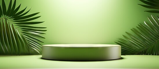 Green abstract background with palm leaf shadow for cosmetic product presentation Geometric backdrop scene Podium for promoting eco beauty products Banner Copy space image Place for adding text