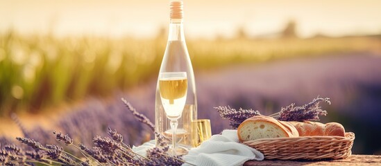 Romantic summer picnic among lavender bushes with wine snacks and flowers on a haystack Soft focus...