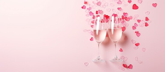 Overhead view of Valentine s Day concept with champagne glasses confetti and pink background Copy space image Place for adding text or design