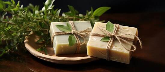 Handmade herbal soap with unique packaging and background in close up Copy space image Place for adding text or design