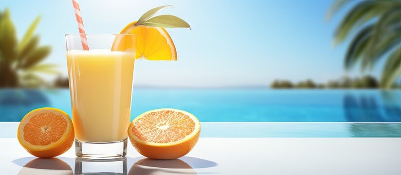 Poolside view of orange juice Copy space image Place for adding text or design