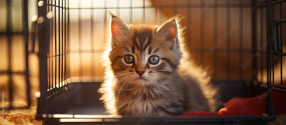 Poster Gorgeous feline enclosed in portable cage excellent image Copy space image Place for adding text or design