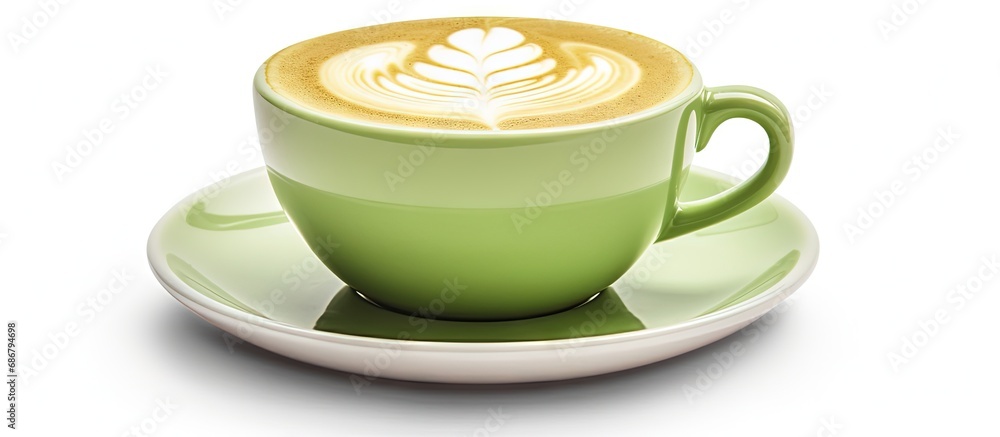 Poster Latte art in a green cup isolated on white background Copy space image Place for adding text or design