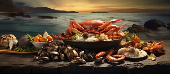 Peruvian seafood dish known as Ronda marina with diverse selection Copy space image Place for adding text or design