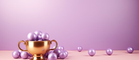Lilac background with gold cups first place medal and balls Copy space image Place for adding text or design