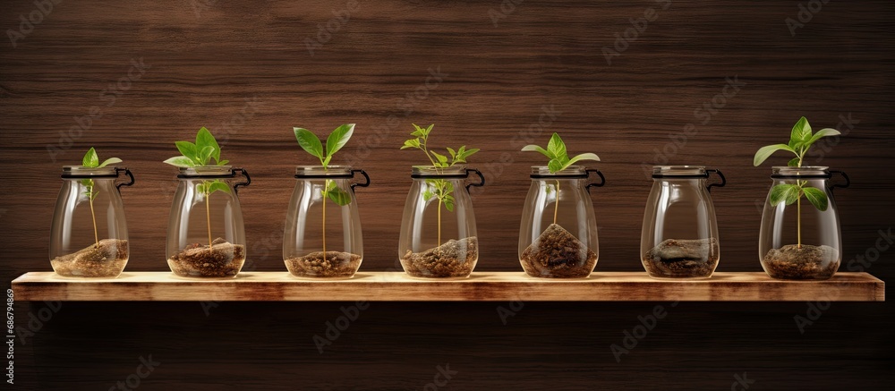 Poster plastic bottles used as plant containers on wooden shelves copy space image place for adding text or