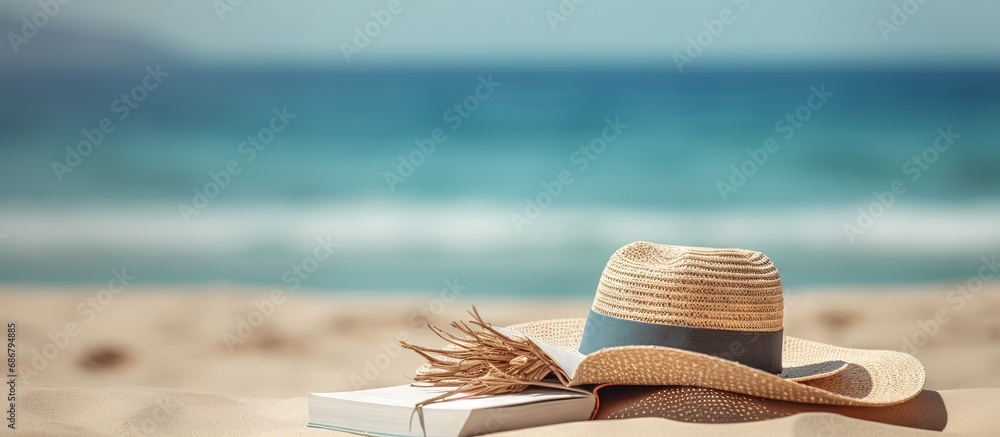 Poster sandy beach with book hat and towel near sea copy space image place for adding text or design