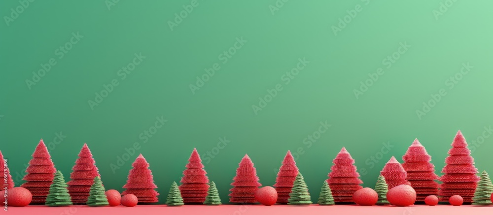 Poster Minimal pattern of green Christmas trees on pastel red background New Year idea Copy space image Place for adding text or design