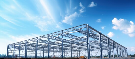 Installing a steel roof truss frame using a mobile crane indoors beneath a blue sky in a factory during construction Copy space image Place for adding text or design - obrazy, fototapety, plakaty