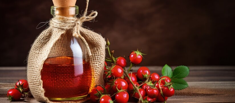Rosehip essential oil in glass bottle with fresh rosehips in burlap sack Healthy ingredient Alternative medicine concept Sideways view Copy space image Place for adding text or design
