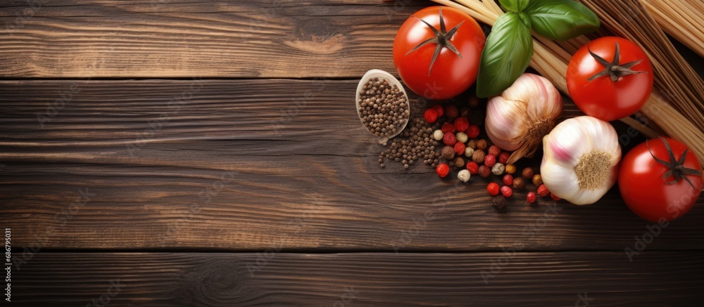 Poster Italian ingredients on wood background Copy space image Place for adding text or design