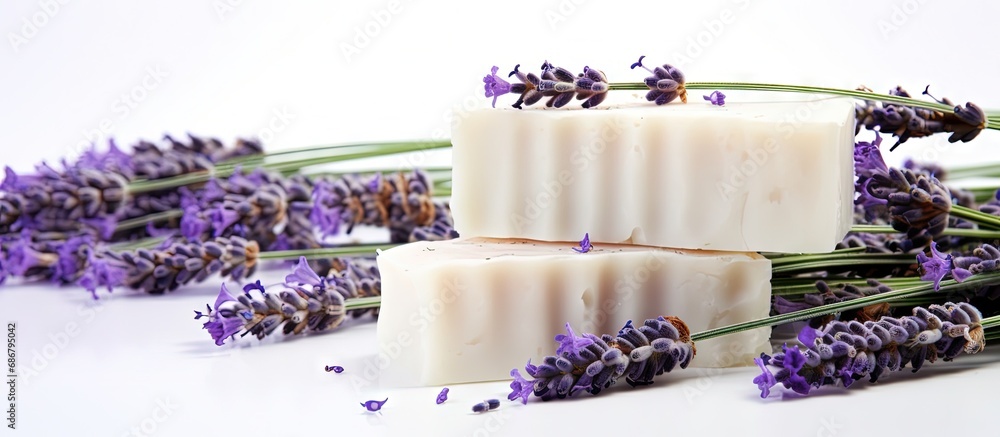 Aufkleber handcrafted lavender soap on white background for spa and aromatherapy copy space image place for ad