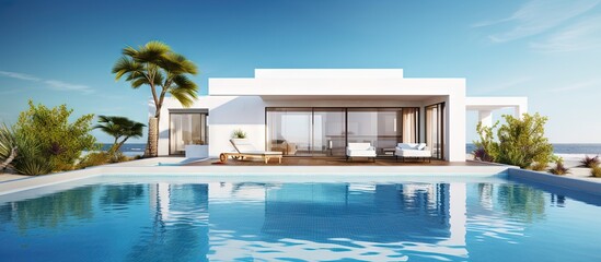 Luxury Holiday Villa s outdoor area with a stunning pool and clear blue sky Copy space image Place for adding text or design - obrazy, fototapety, plakaty