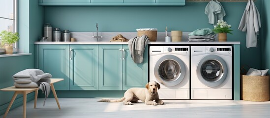 Pet friendly laundry room with turquoise mudroom parquet cabinets dog bath shower and cozy 3D interior design Copy space image Place for adding text or design - obrazy, fototapety, plakaty