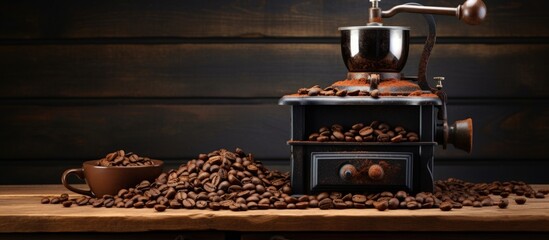 Old bronze coffee grinder on dark wood with coffee beans Copy space image Place for adding text or design