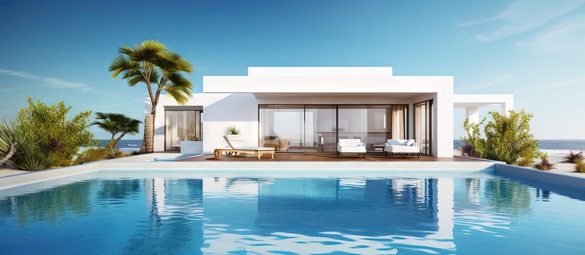 Luxury Holiday Villa s outdoor area with a stunning pool and clear blue sky Copy space image Place for adding text or design
